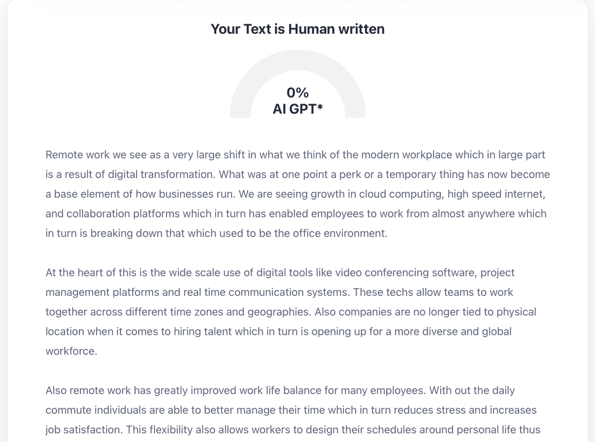 AI detection result showing 0% AI score — text classified as human written